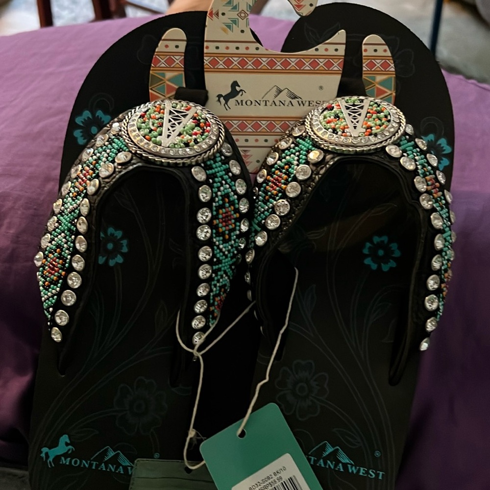 Brand, new black and green with flakes of orange Montana West sandals